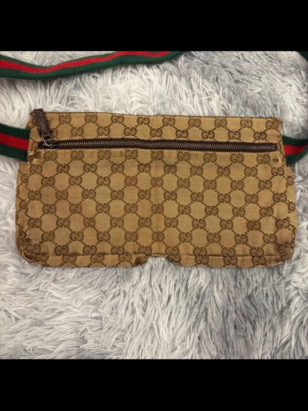 Gucci Tan GG Canvas Belt Bag with Brown Leather and Green-Red Web Strap